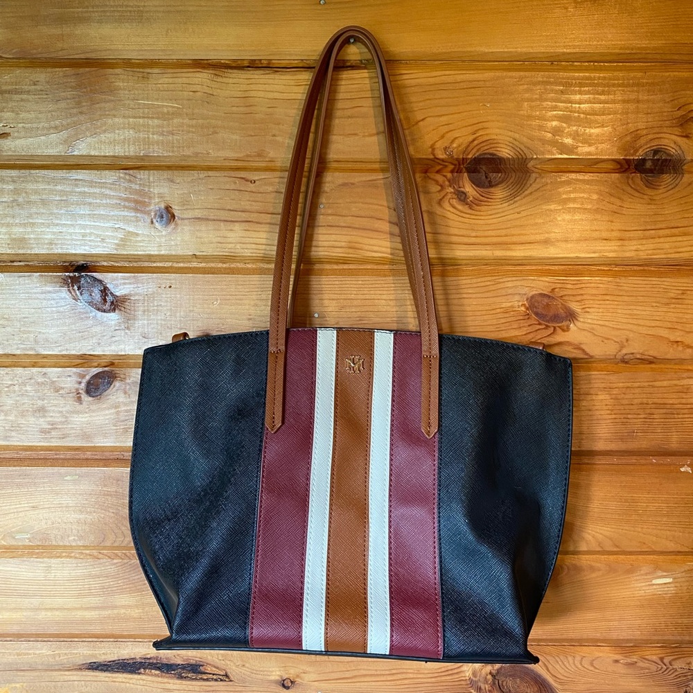 Elegant Black and Brown Tote with Sporty Stripes